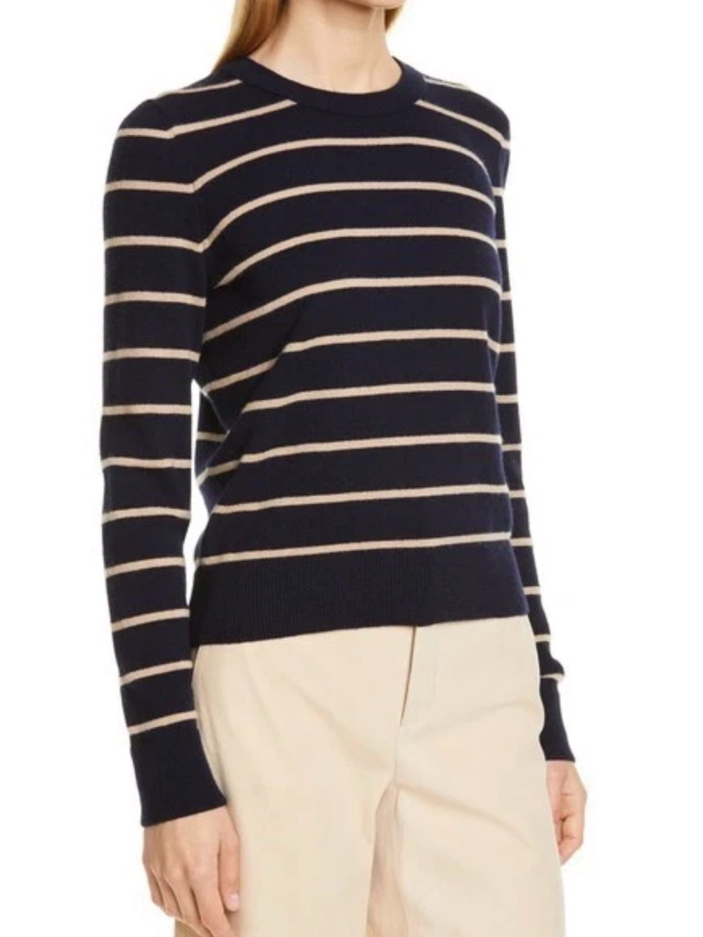 VINCE XS- cashmere Striped Overlay Crewneck Sweater - Navy and Cream - Picture 2 of 5